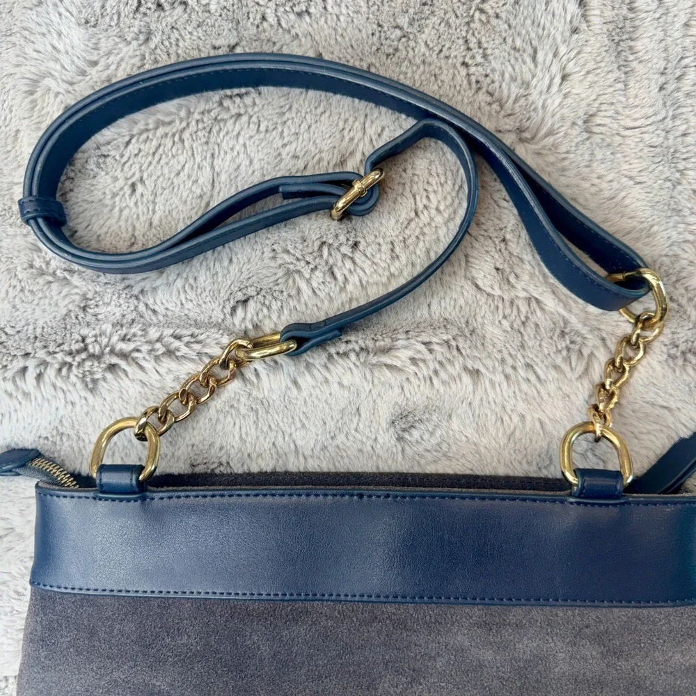 Spartina 449 ‎ Navy Gray Leather Suede Crossbody Bag Gold Hardware